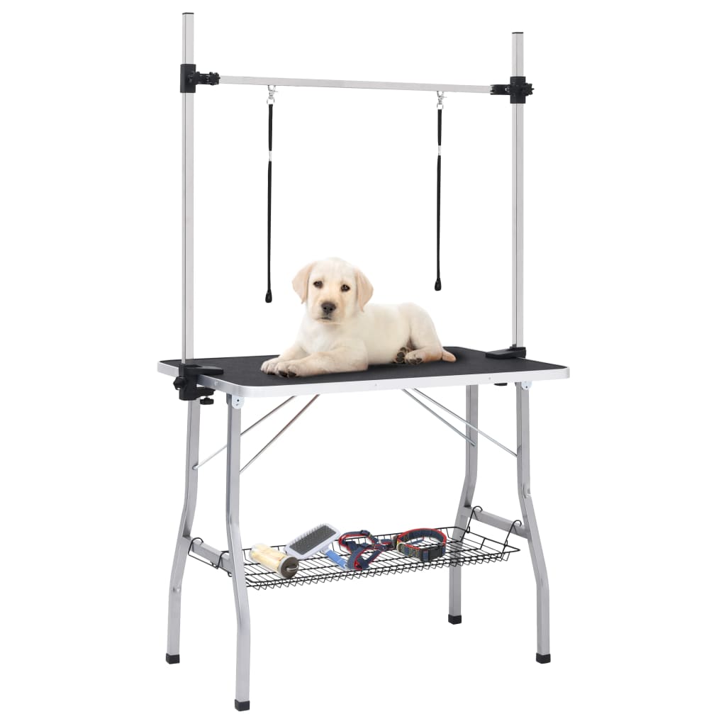 Table de toilettage réglable de chiens avec 2 boucles et panier