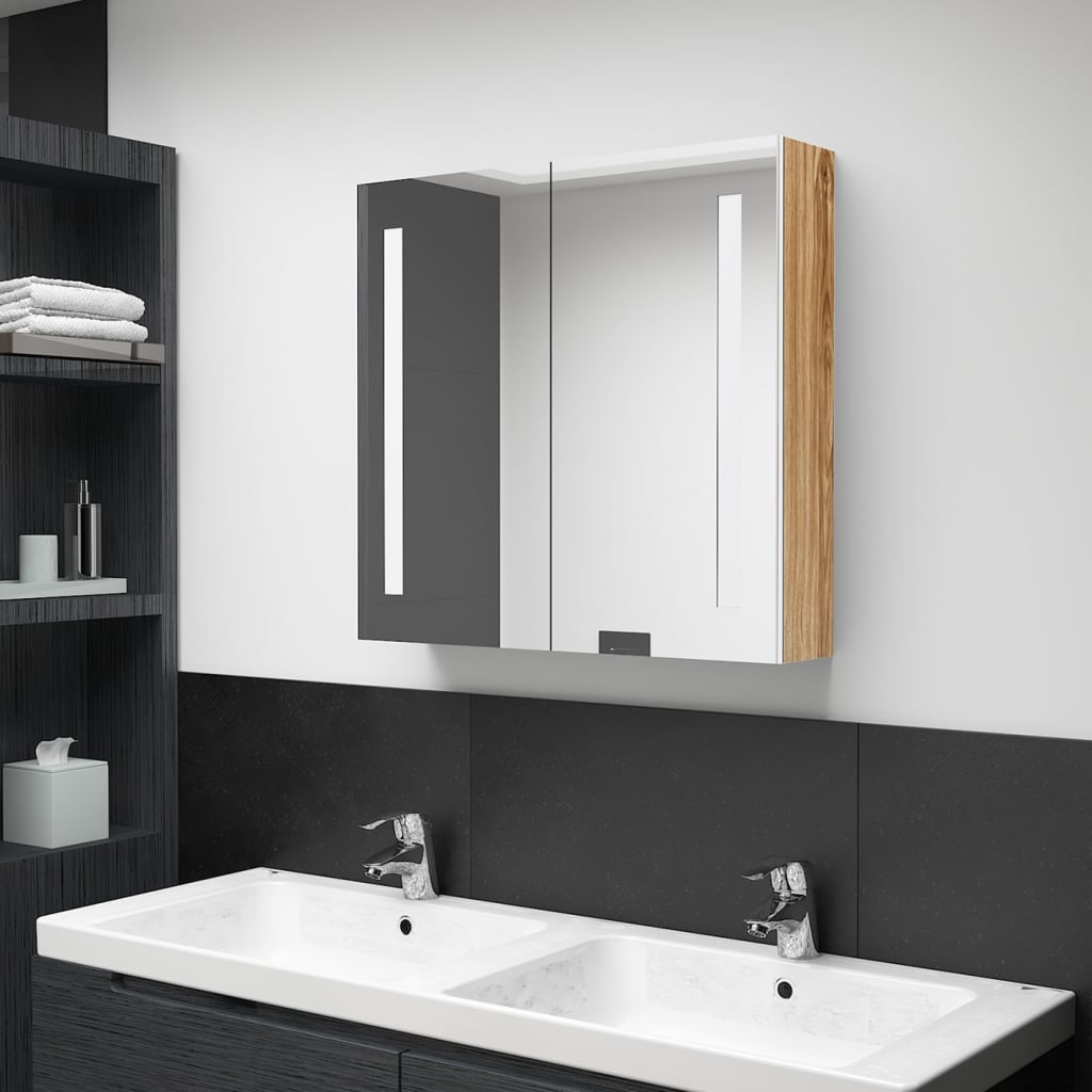 Armoire de salle de bain à miroir LED blanc et chêne 62x14x60cm