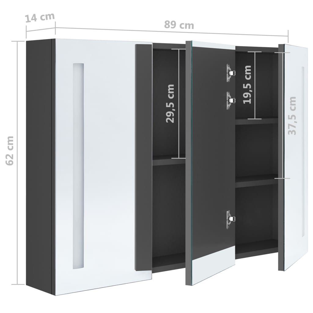 Armoire de salle de bain à miroir LED 89x14x62 cm Gris