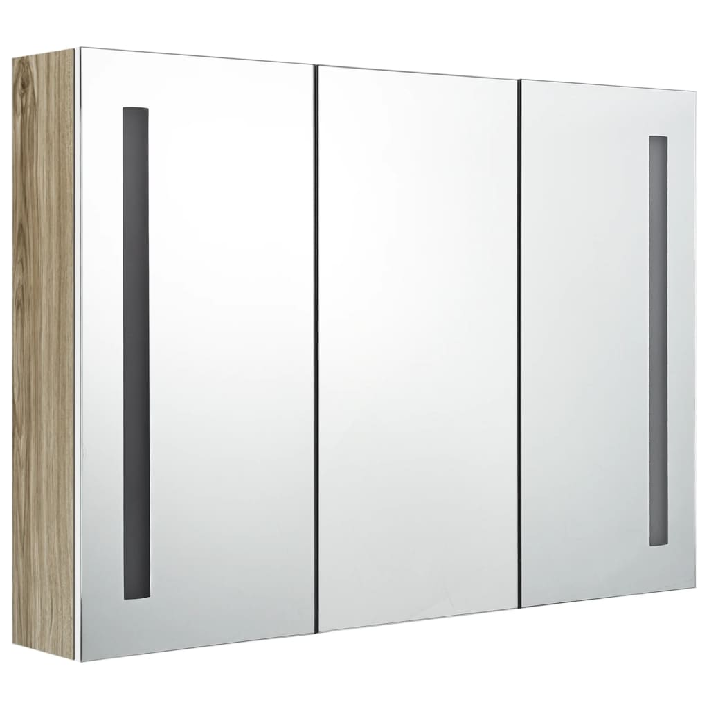 Armoire de salle de bain à miroir LED 89x14x62cm blanc et chêne