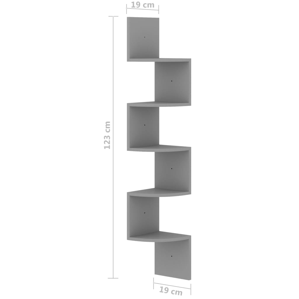 Étagère d'angle murale gris 19x19x123 cm bois d'ingénierie