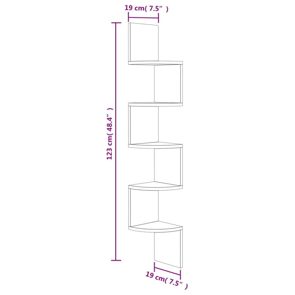 Étagère d'angle murale chêne fumé 19x19x123cm bois d'ingénierie