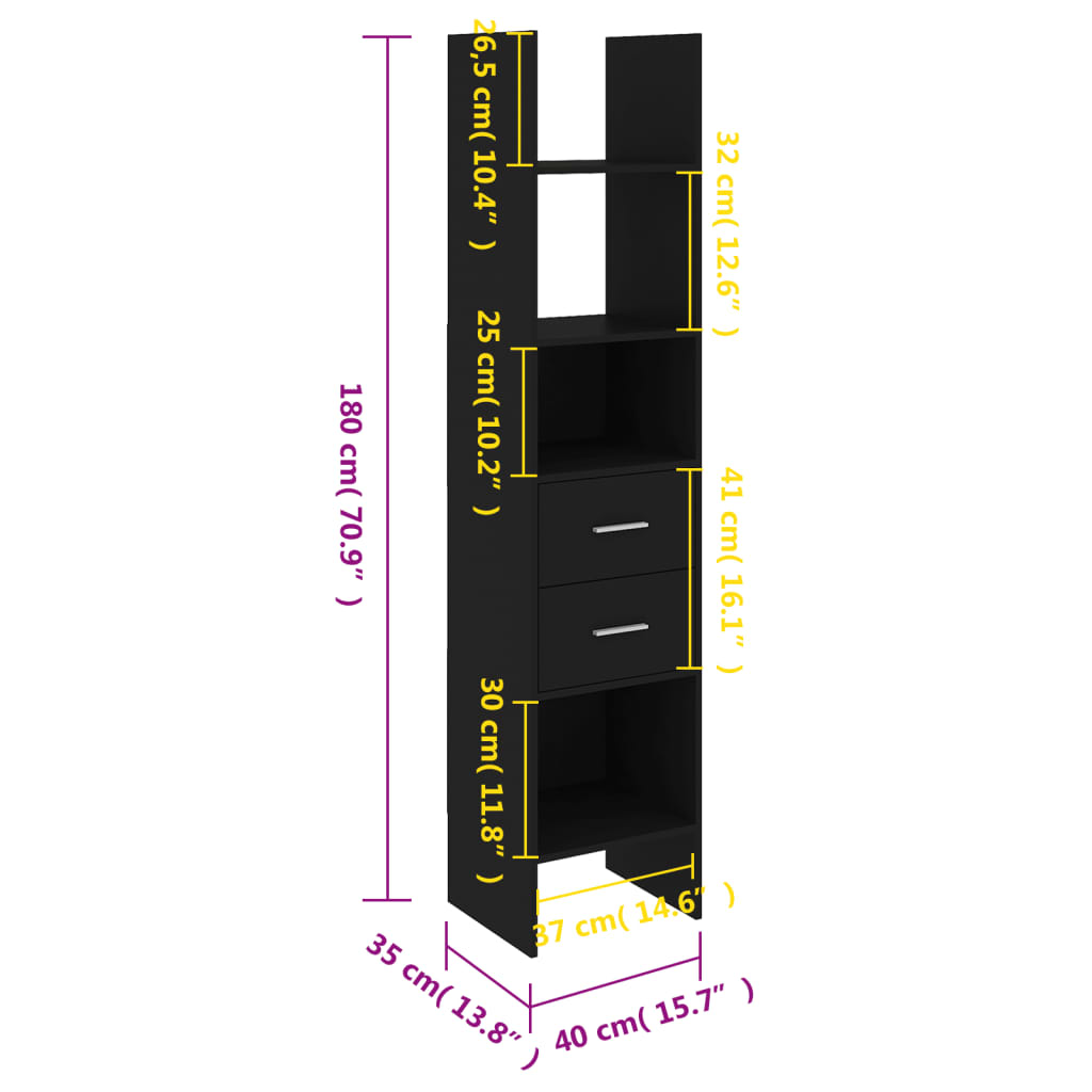 Black Bookcase 40x35x180 cm Engineered Wood