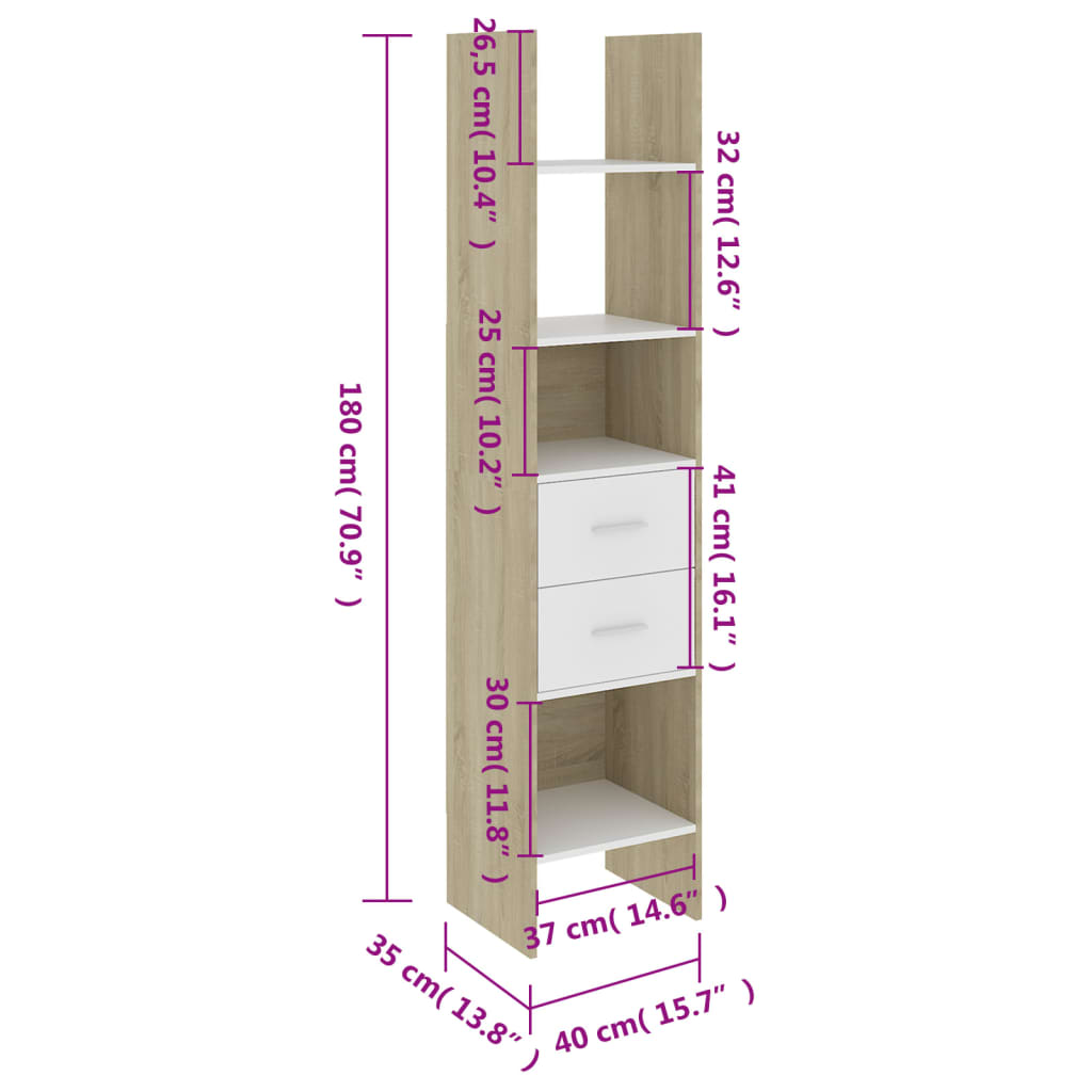 Bibliothèque Blanc et chêne Sonoma 40x35x180 cm Bois ingénierie