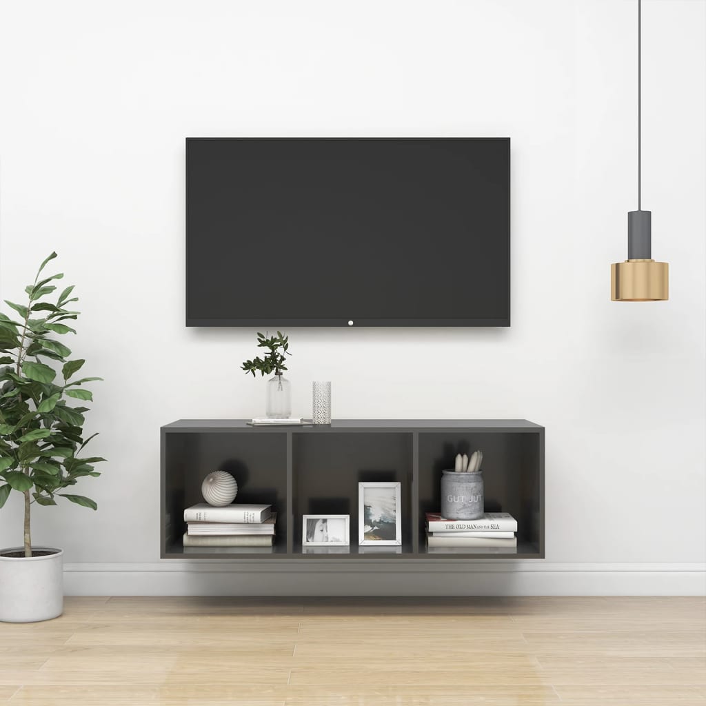 Meuble TV mural Gris brillant 37x37x107 cm Bois d’ingénierie