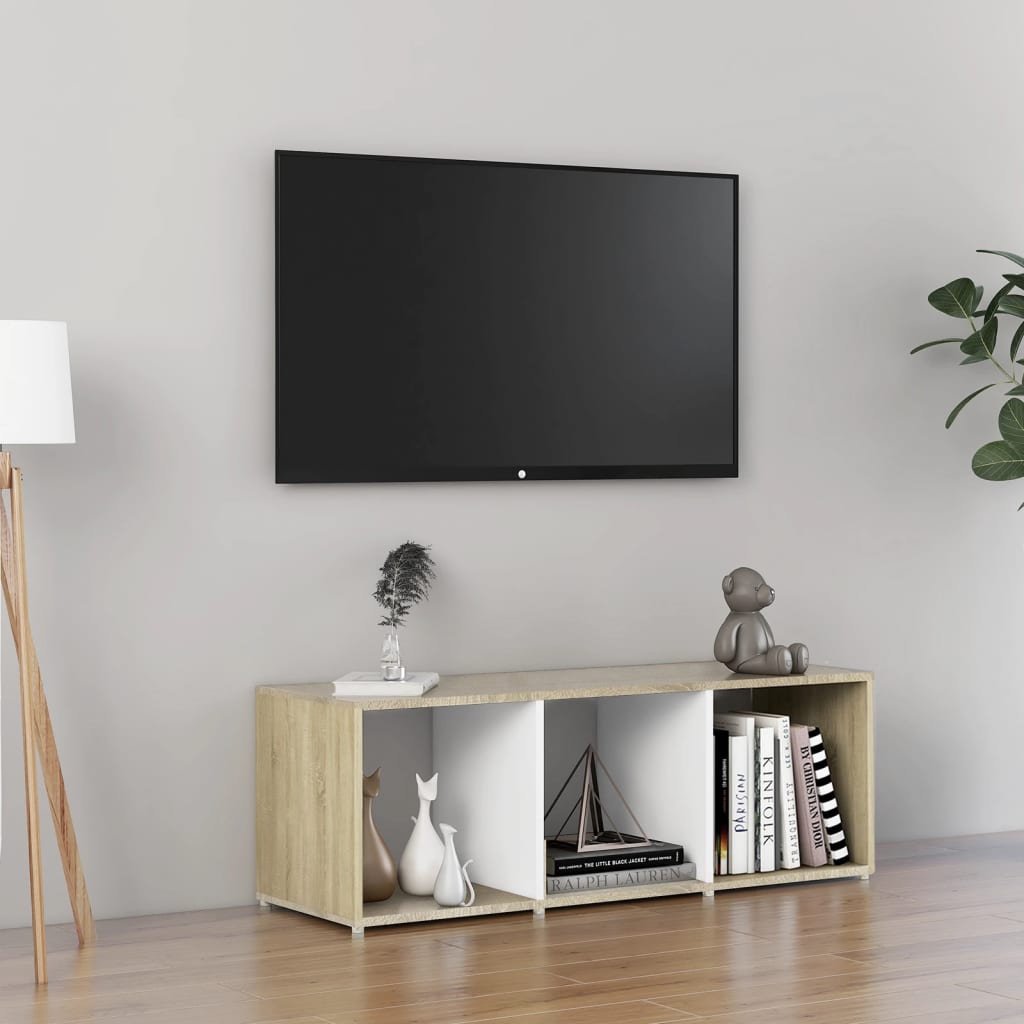 Meuble TV blanc et chêne sonoma 107x35x37 cm bois d’ingénierie