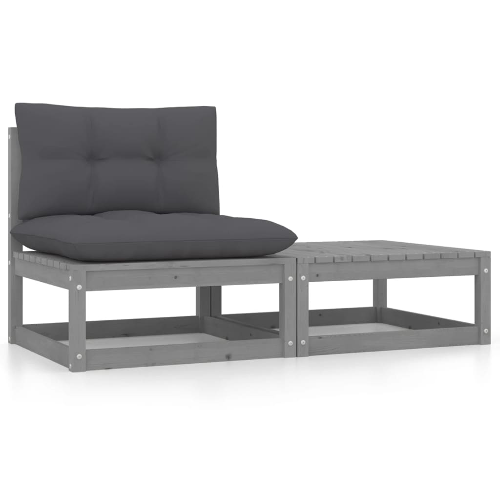 Salon de jardin 2 pcs avec coussins Gris Bois de pin massif