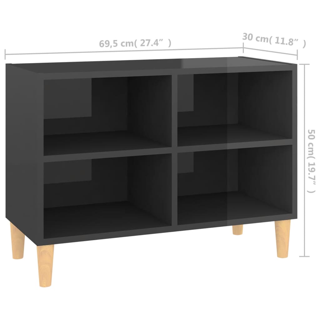 Meuble TV avec pieds en bois massif gris brillant 69,5x30x50 cm