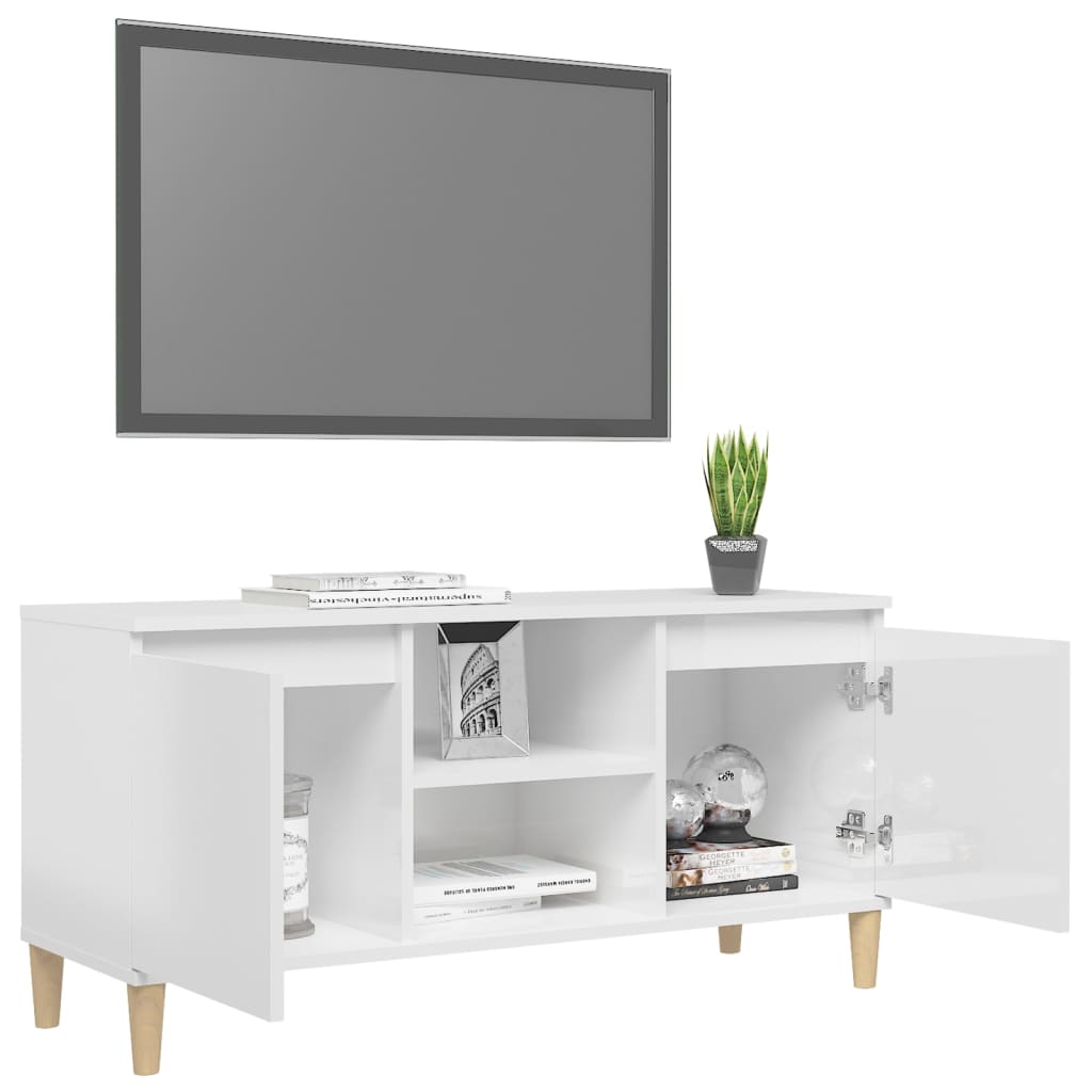 Meuble TV avec pieds en bois Blanc brillant 103,5x35x50 cm