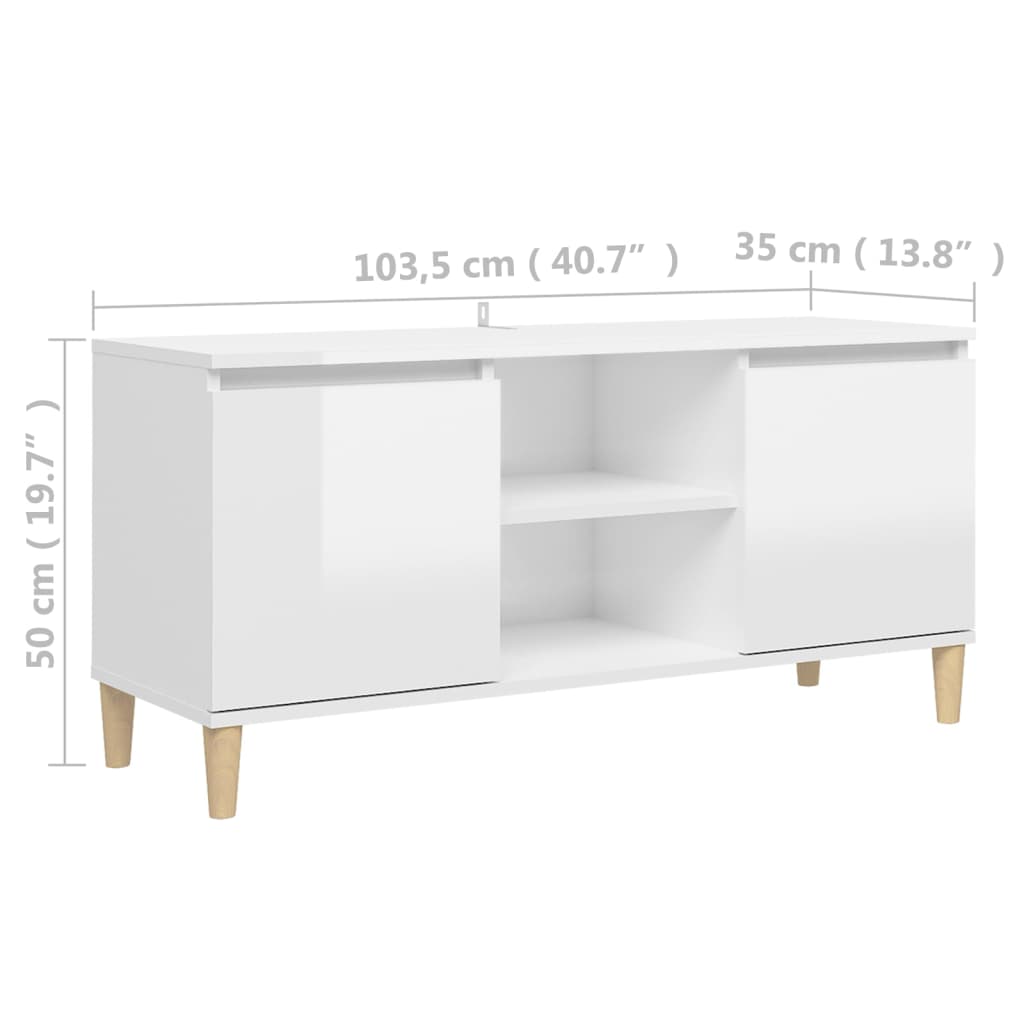 Meuble TV avec pieds en bois Blanc brillant 103,5x35x50 cm