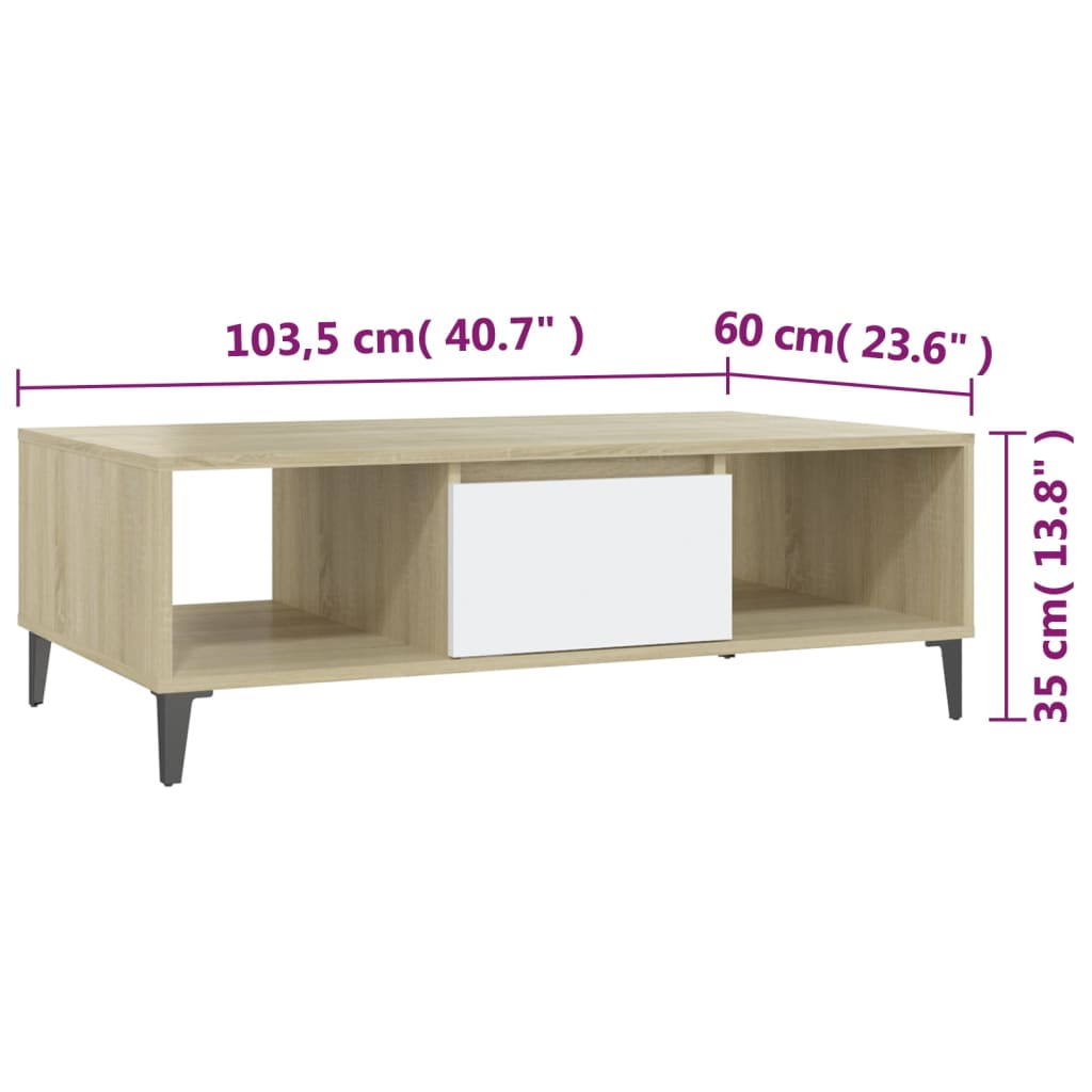 Table basse blanc chêne sonoma 103,5x60x35 cm bois d'ingénierie