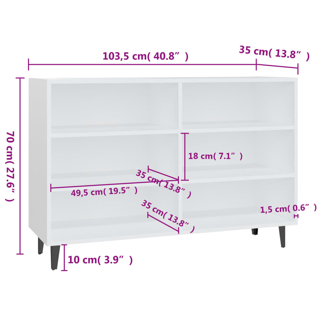 Weißes Sideboard 103,5 x 35 x 70 cm, Holzwerkstoff