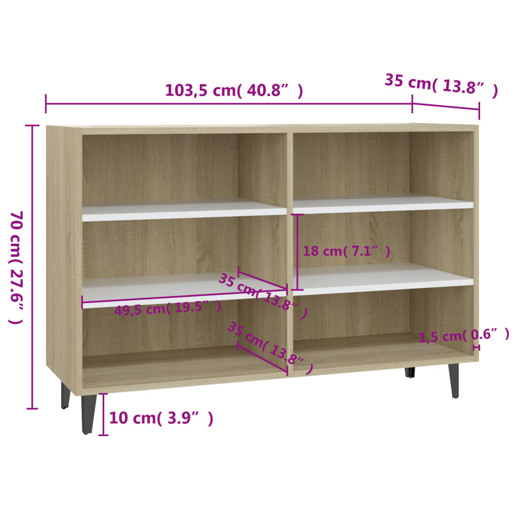 Sideboard aus Weiß- und Sonoma-Eiche, 103,5 x 35 x 70 cm, Holzwerkstoff