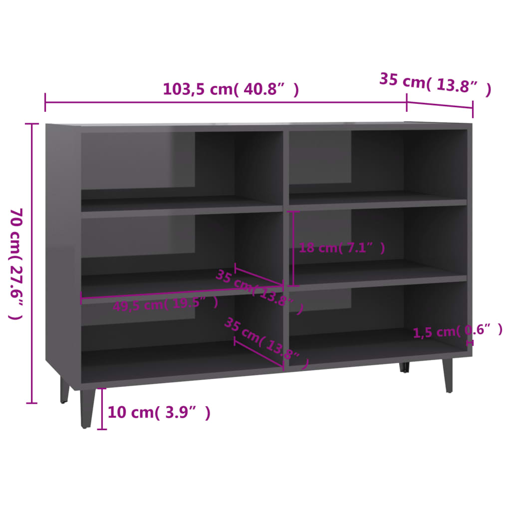 Hochglanzgraues Sideboard aus Holzwerkstoff, 103,5 x 35 x 70 cm