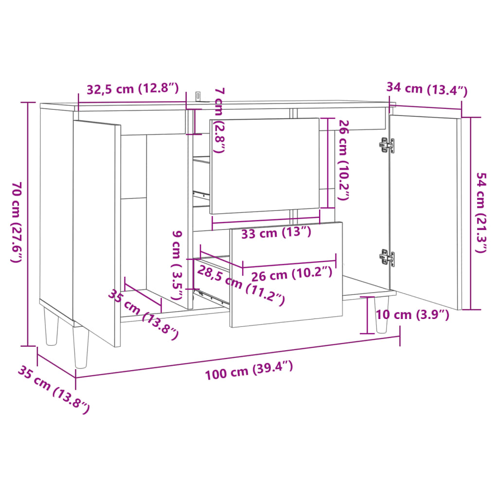 Buffet chêne sonoma 101x35x70 cm bois d'ingénierie