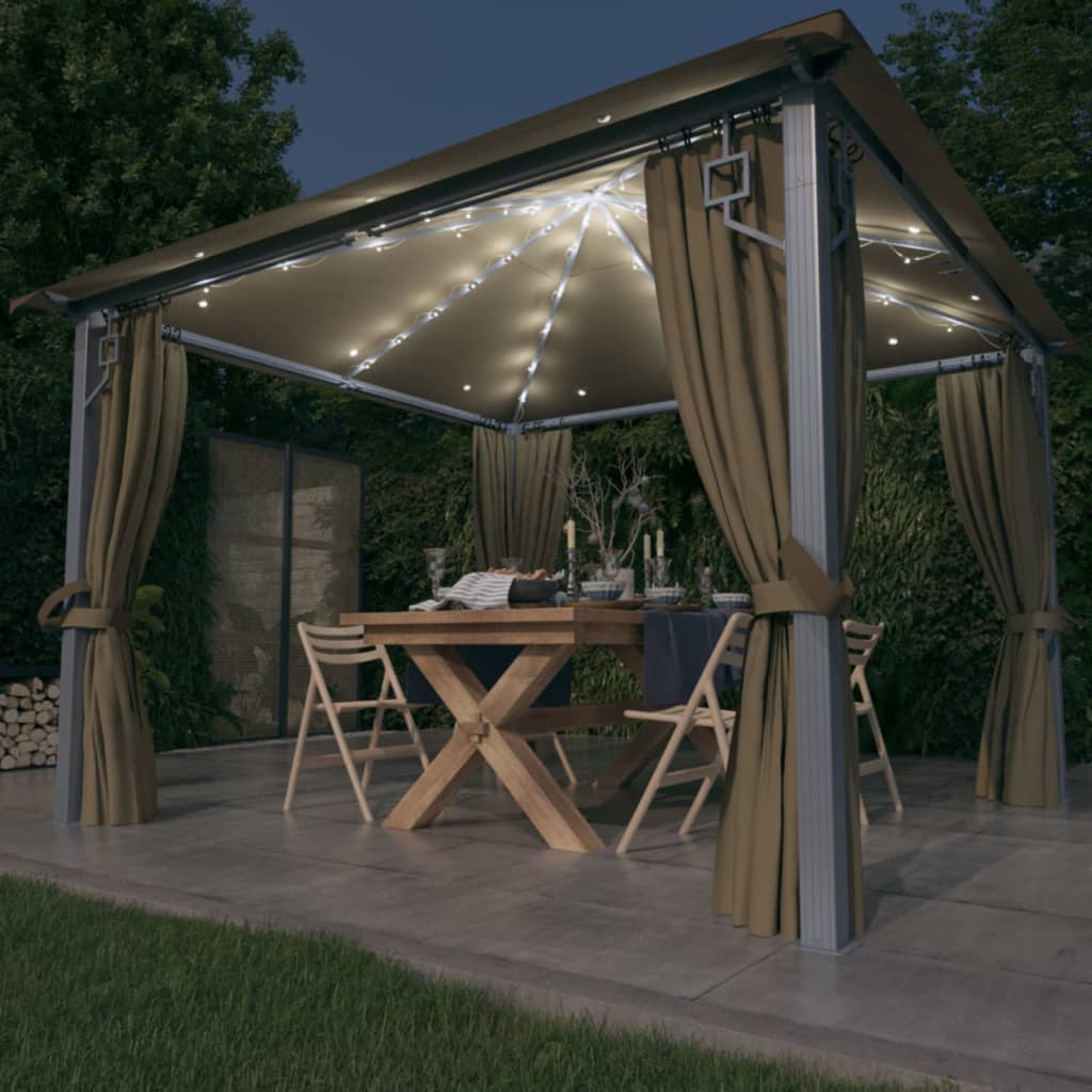 Tonnelle avec rideau et lumières LED 3x3 m Taupe Aluminium