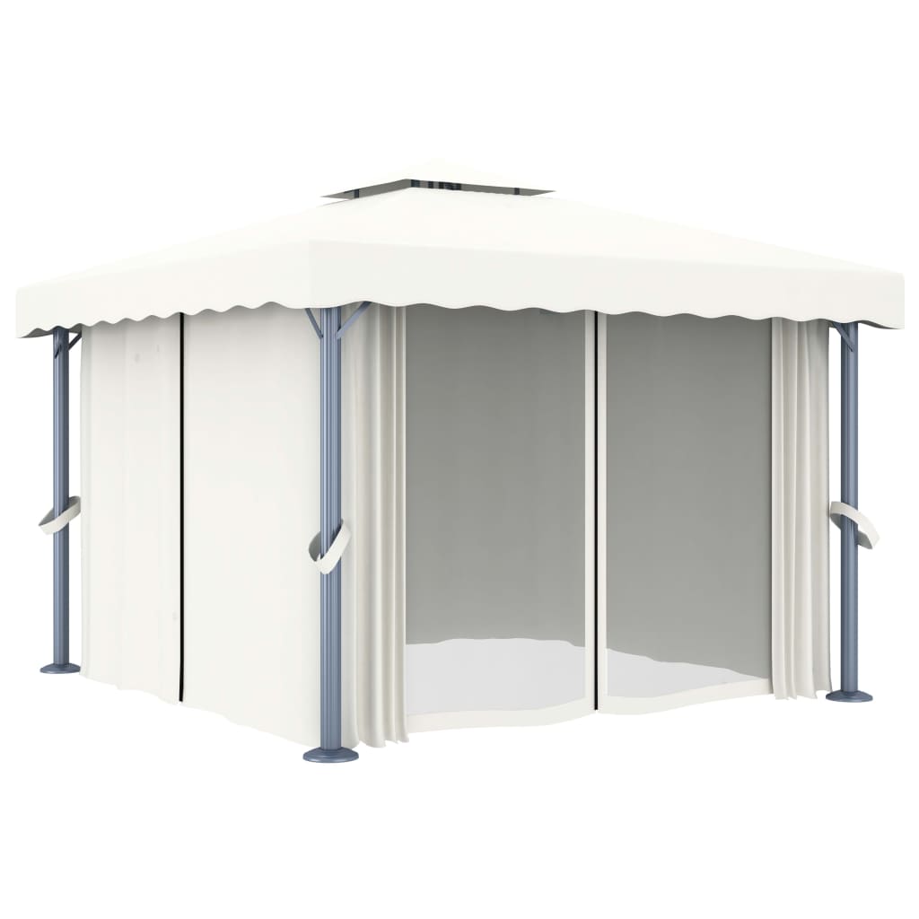 Pavillon und Vorhang und LED-Lichtgirlande 3x3 m Cremeweiß