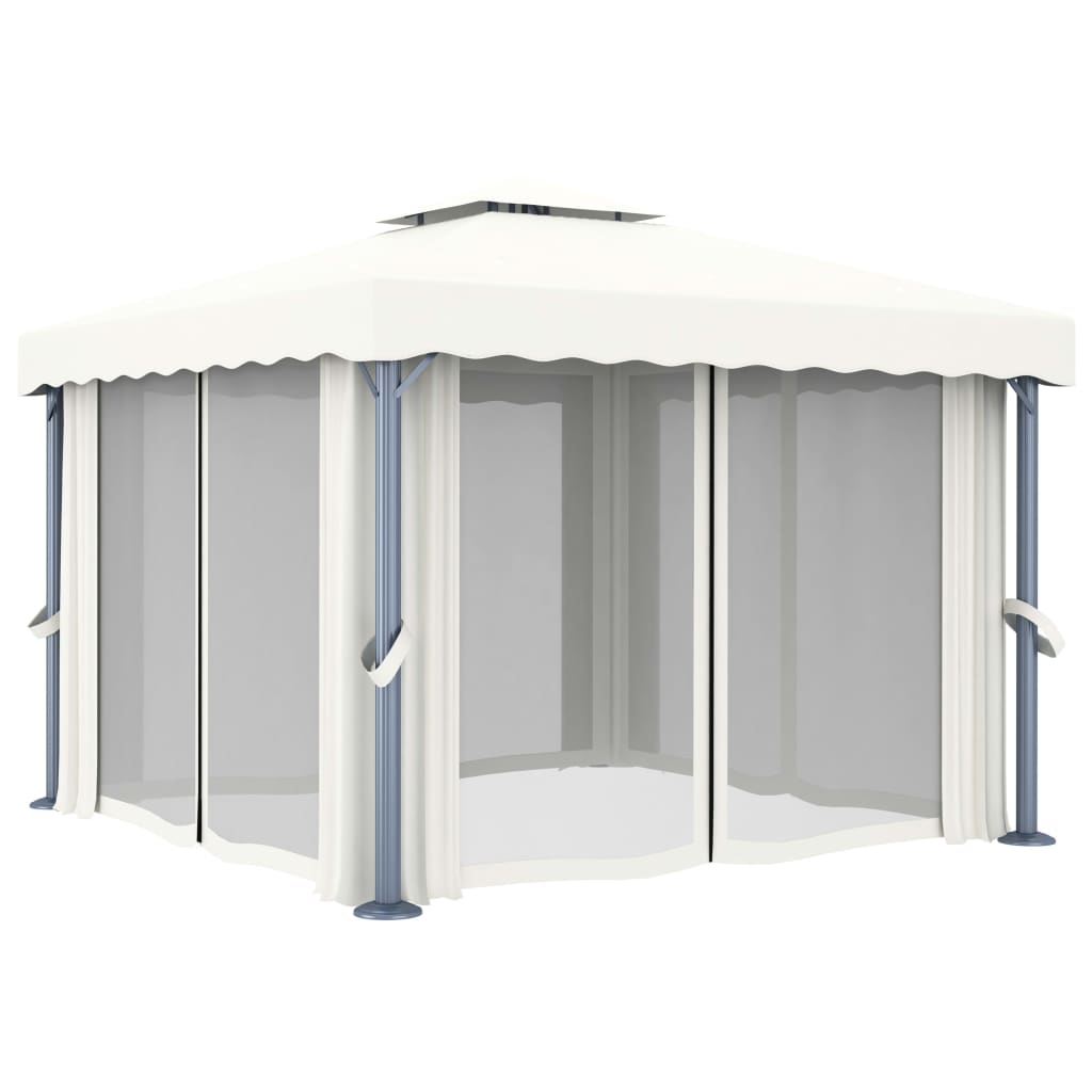 Pavillon und Vorhang und LED-Lichtgirlande 3x3 m Cremeweiß