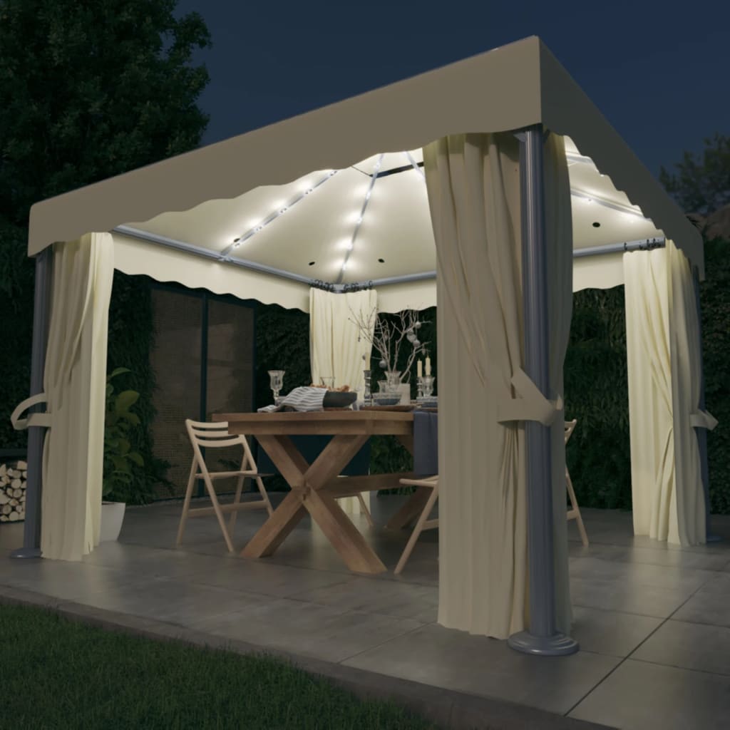 Pavillon und Vorhang und LED-Lichtgirlande 3x3 m Cremeweiß