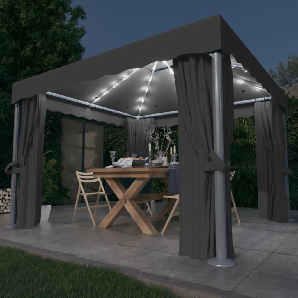 Tonnelle avec rideau et guirlande lumineuse LED 3x3m Anthracite