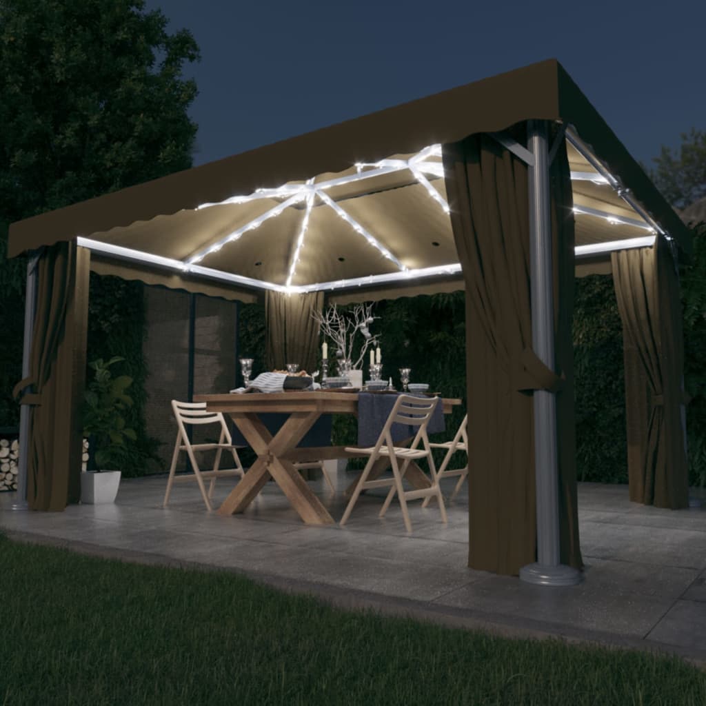 Tonnelle avec rideau et guirlande lumineuse à LED 4x3 m Taupe