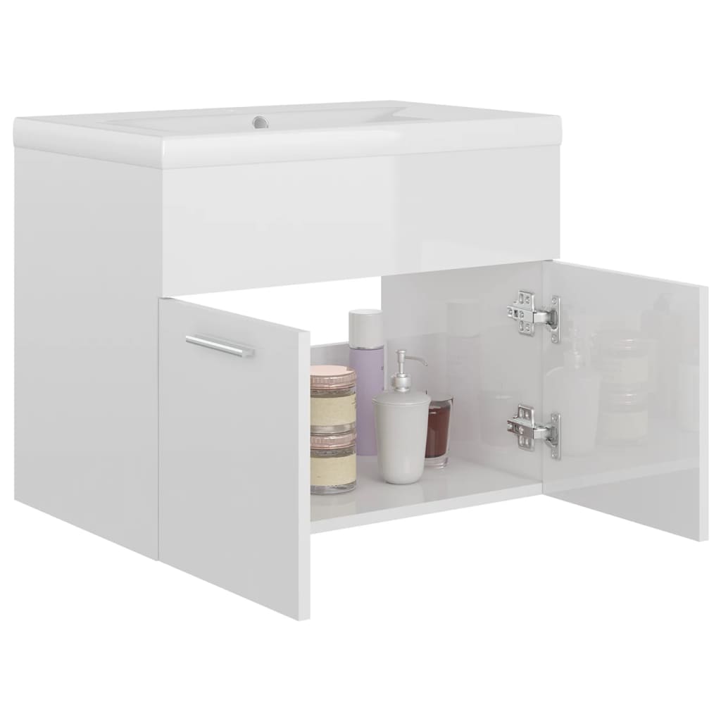 Armoire d'évier avec lavabo intégré Blanc brillant Aggloméré