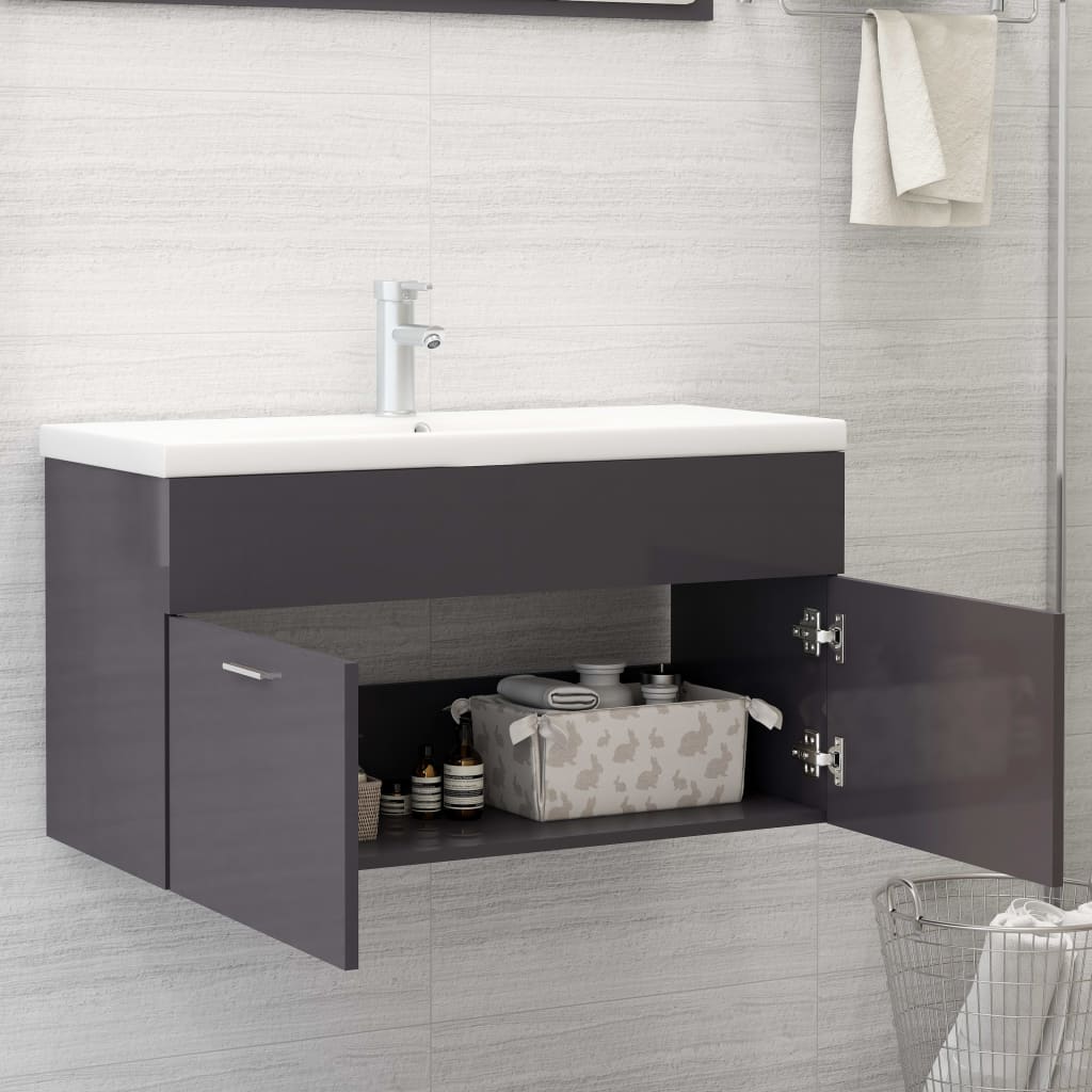 Armoire d'évier avec lavabo intégré Gris brillant Aggloméré