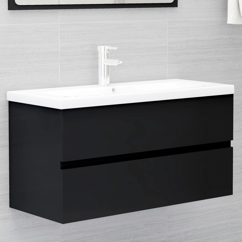 Sink cabinet with integrated sink Black Engineered wood