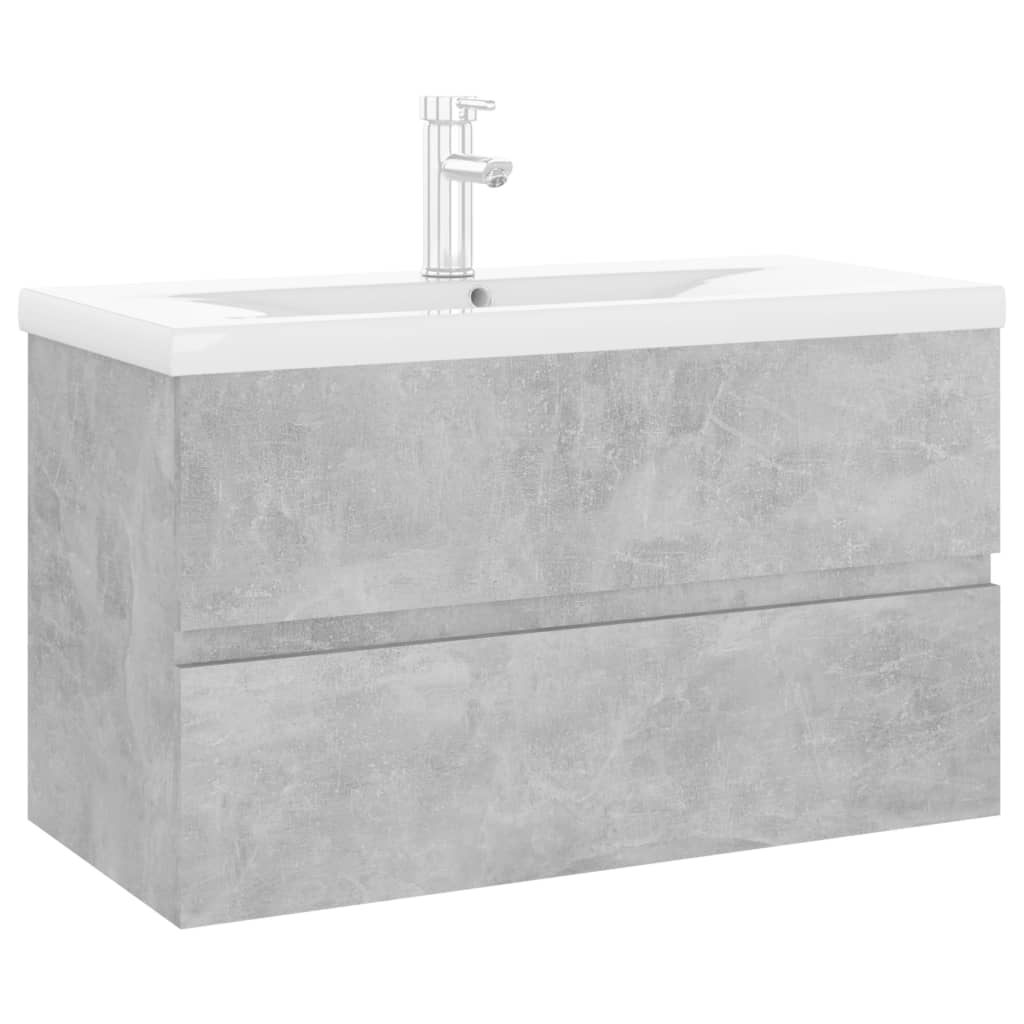 Concrete gray engineered wood sink cabinet and integrated washbasin