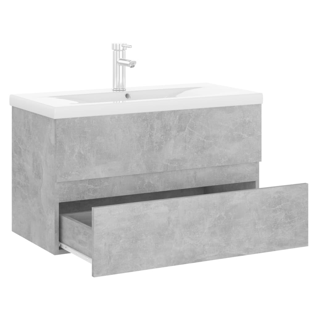 Concrete gray engineered wood sink cabinet and integrated washbasin