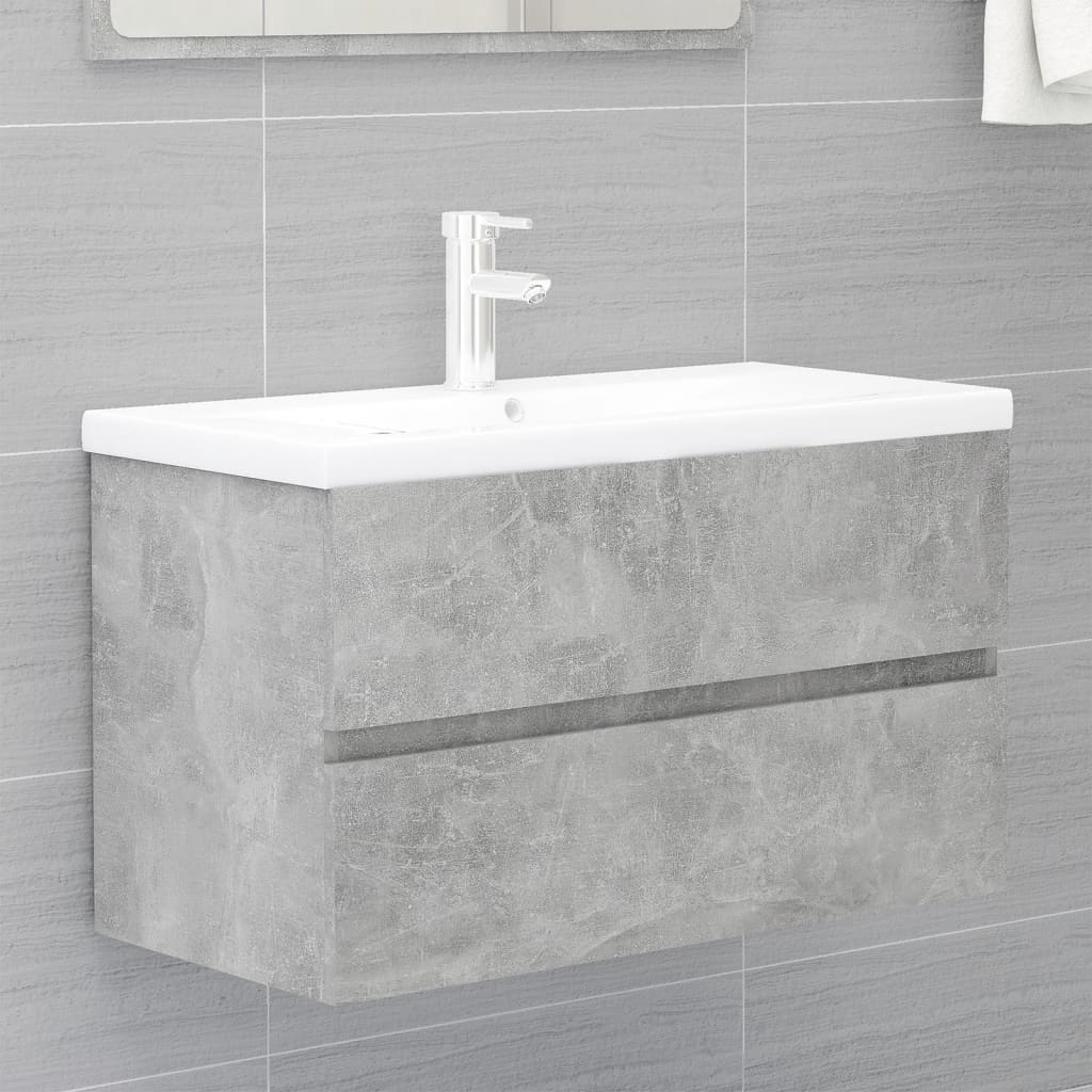 Concrete gray engineered wood sink cabinet and integrated washbasin