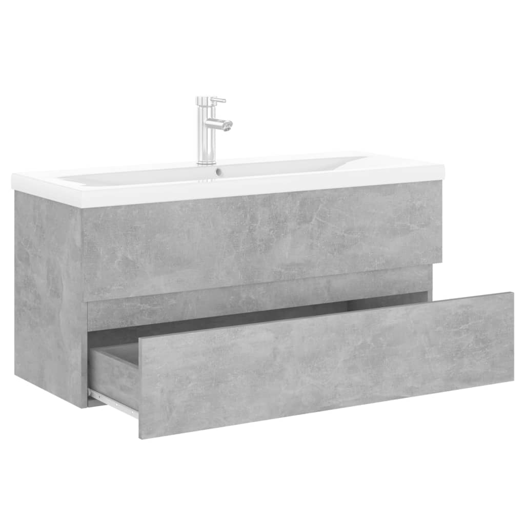 Concrete gray engineered wood sink cabinet and integrated washbasin