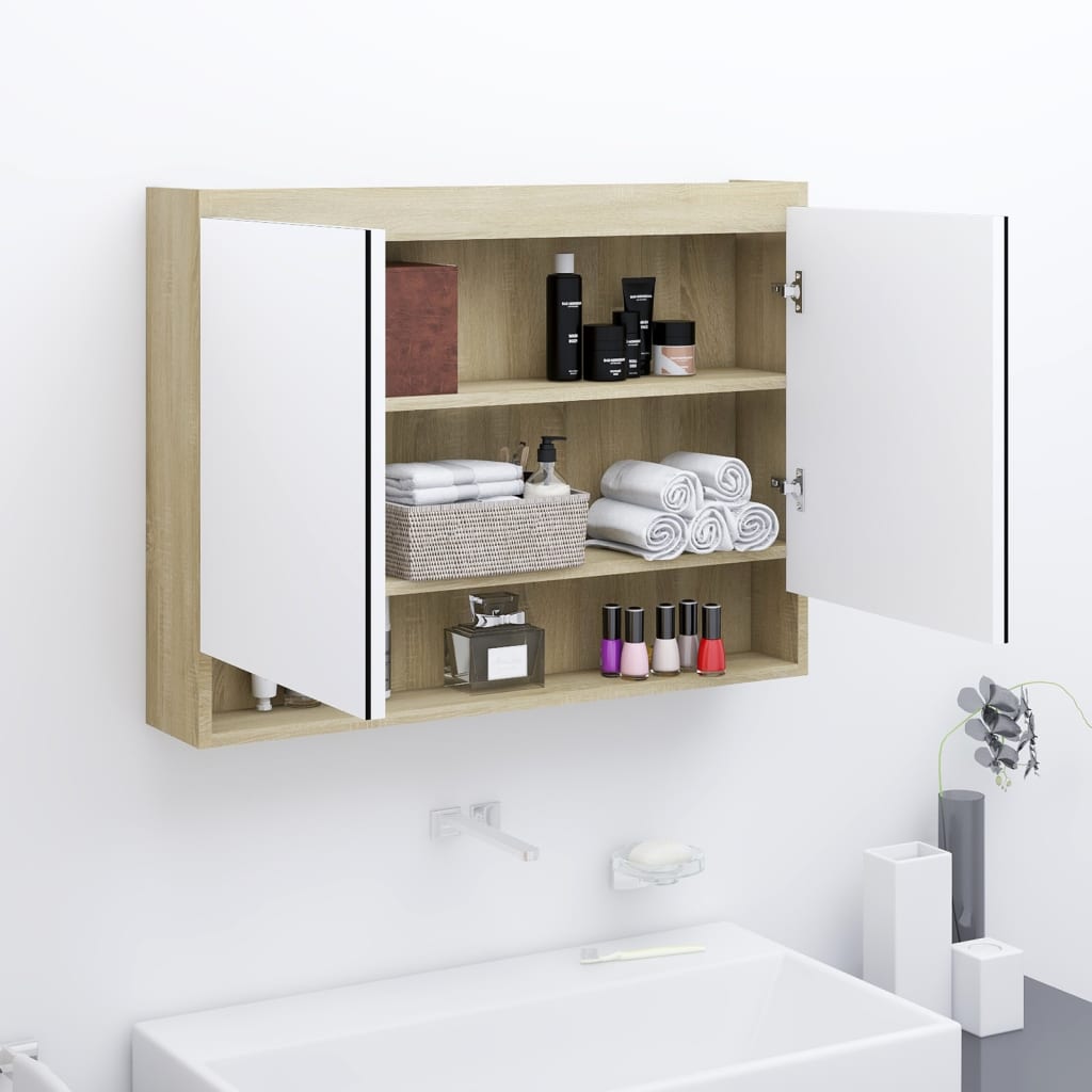 Badezimmerspiegelschrank 80x15x60cm MDF Weiß und Eiche