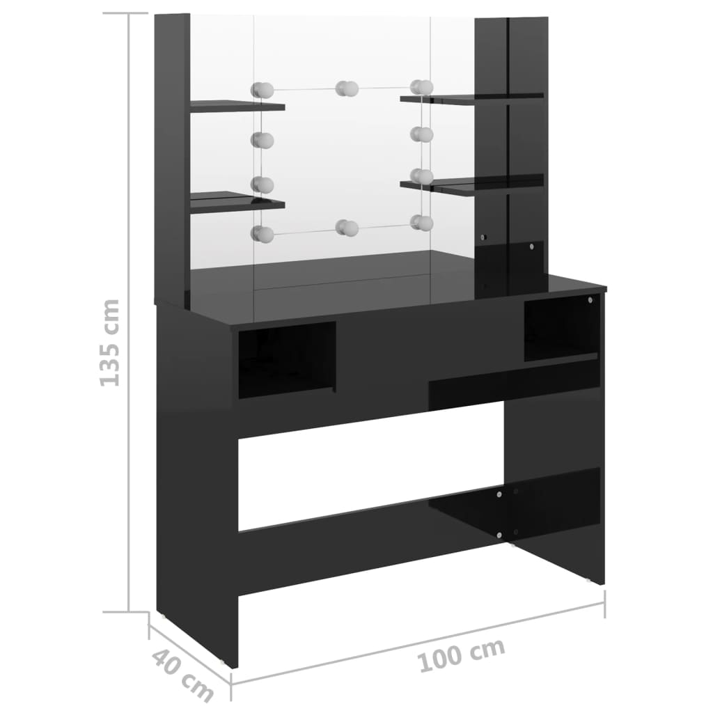 Table de maquillage avec éclairage LED MDF Noir brillant