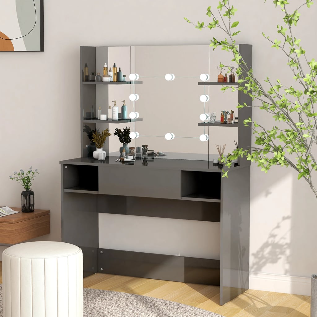 Table de maquillage avec éclairage LED MDF Gris brillant