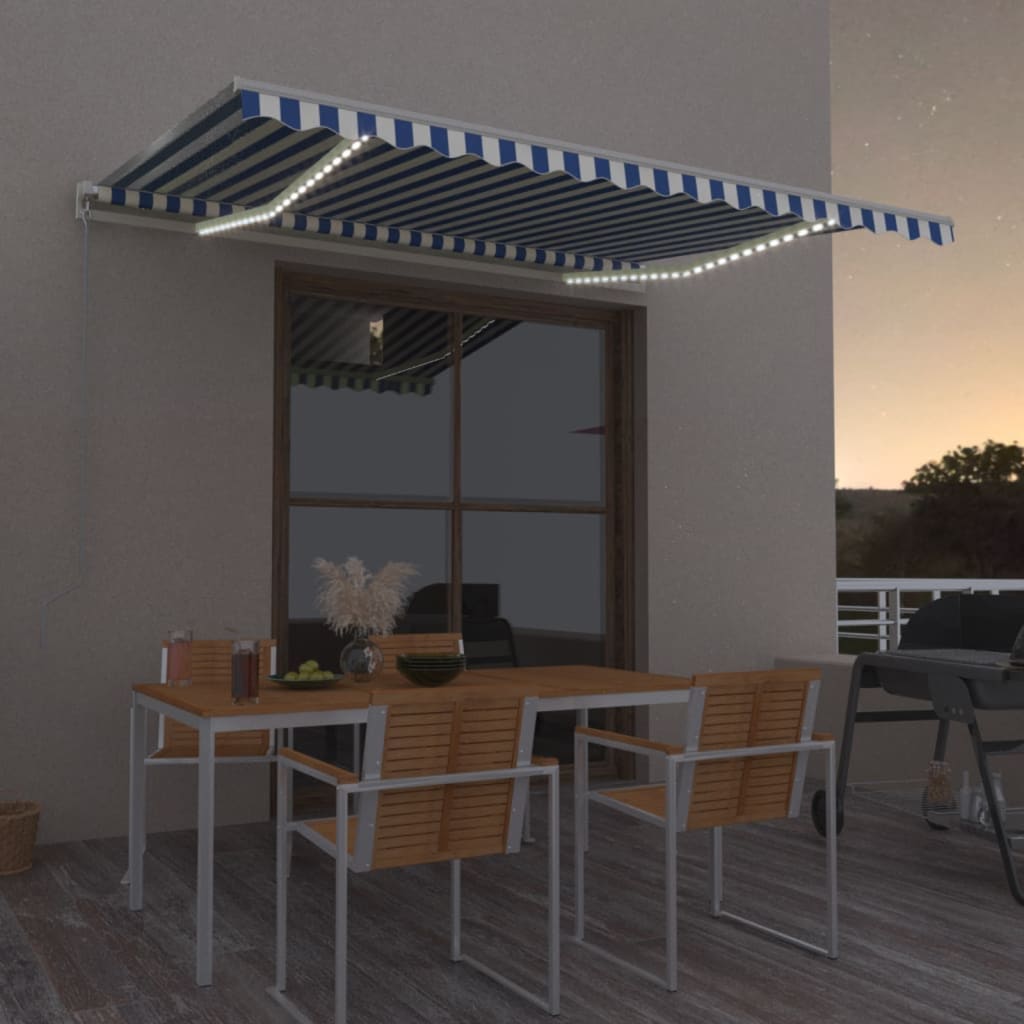 Manual retractable awning with LED 400x300 cm Blue and white