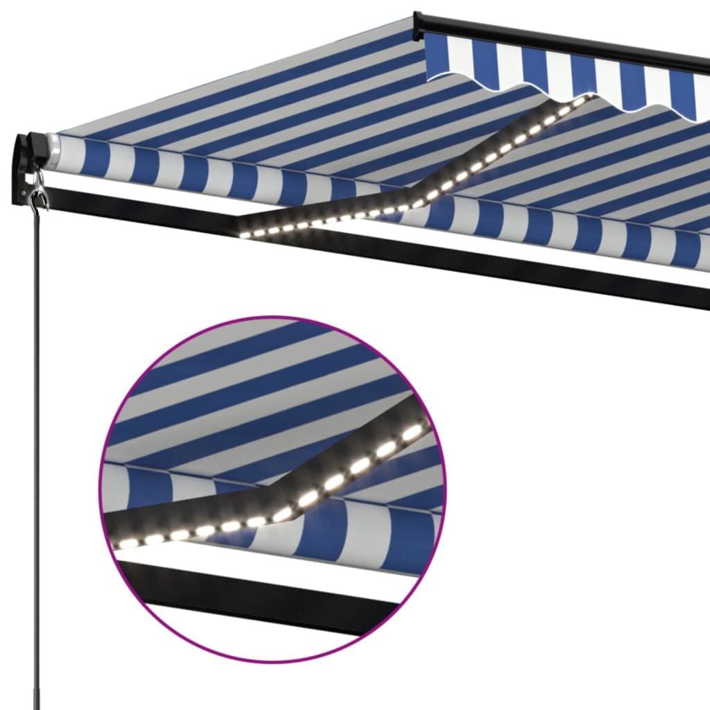 Manual retractable awning with LED 450x300 cm Blue and white