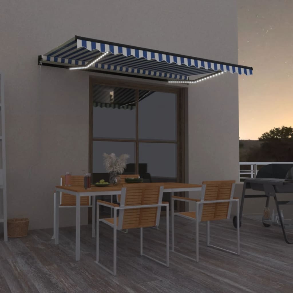 Manual retractable awning with LED 450x300 cm Blue and white