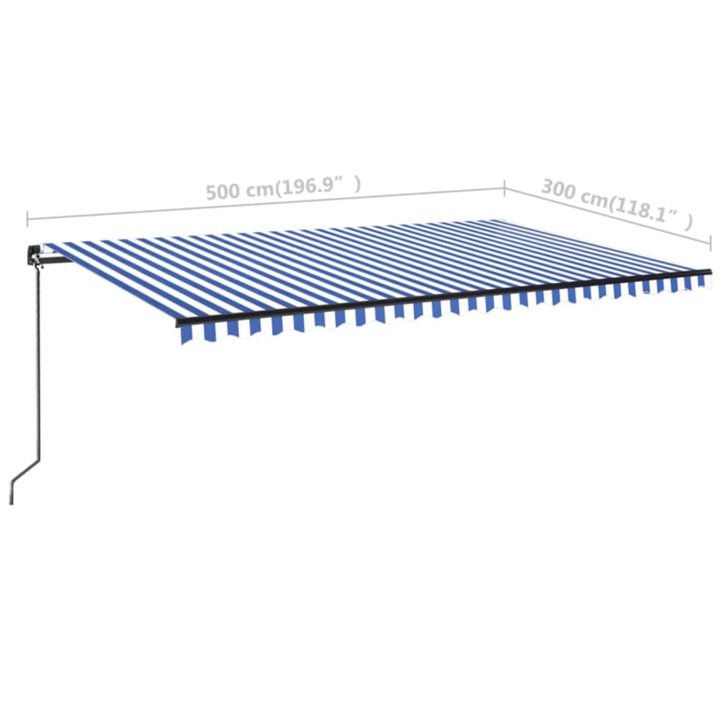 Manual retractable awning with LED 500x300 cm Blue and white