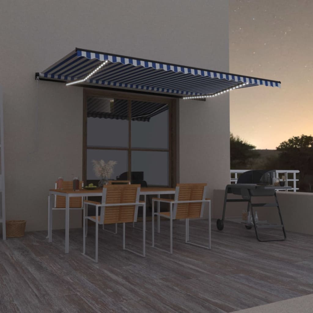 Manual retractable awning with LED 500x300 cm Blue and white