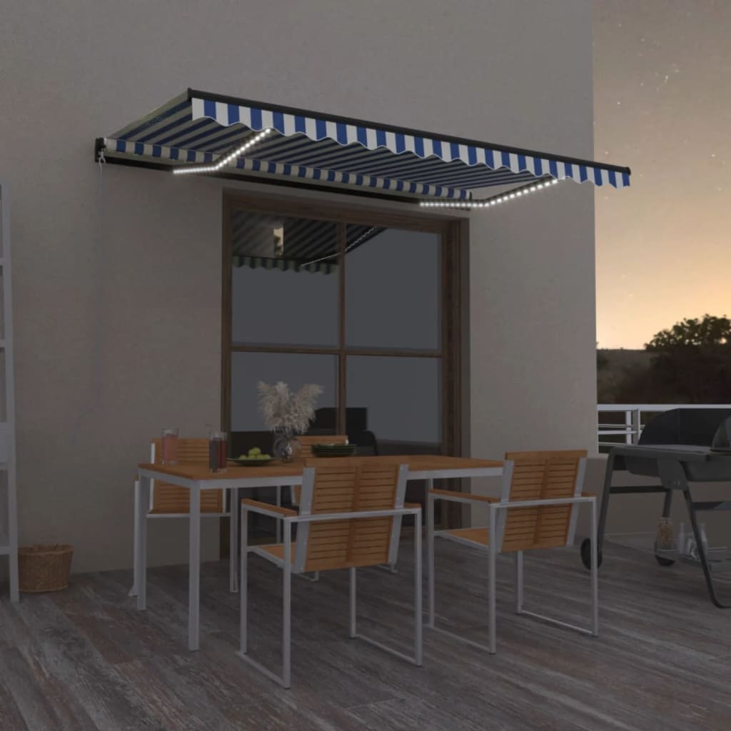 Manual retractable awning with LED 400x350 cm Blue and white