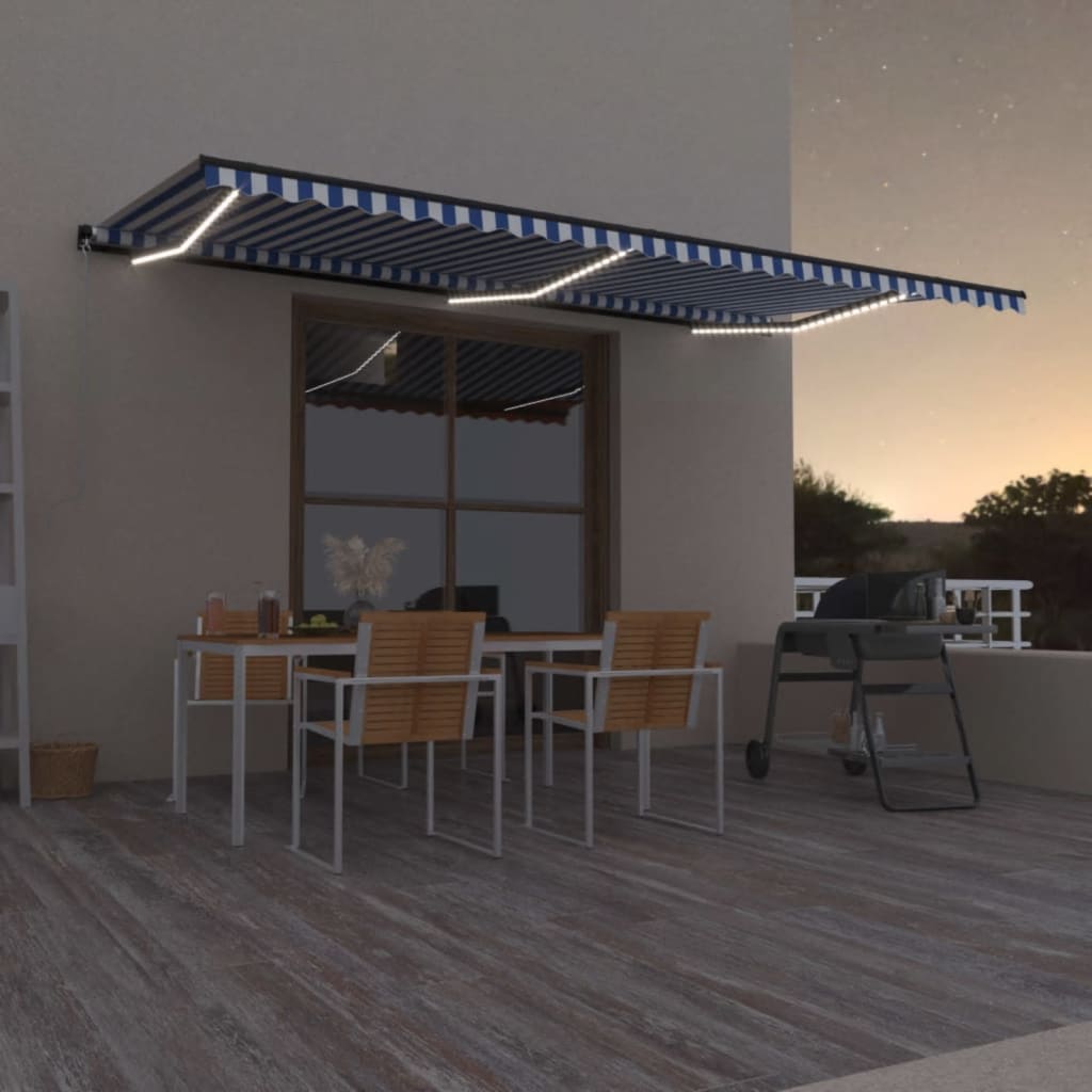 Manual retractable awning with LED 600x350 cm Blue and white