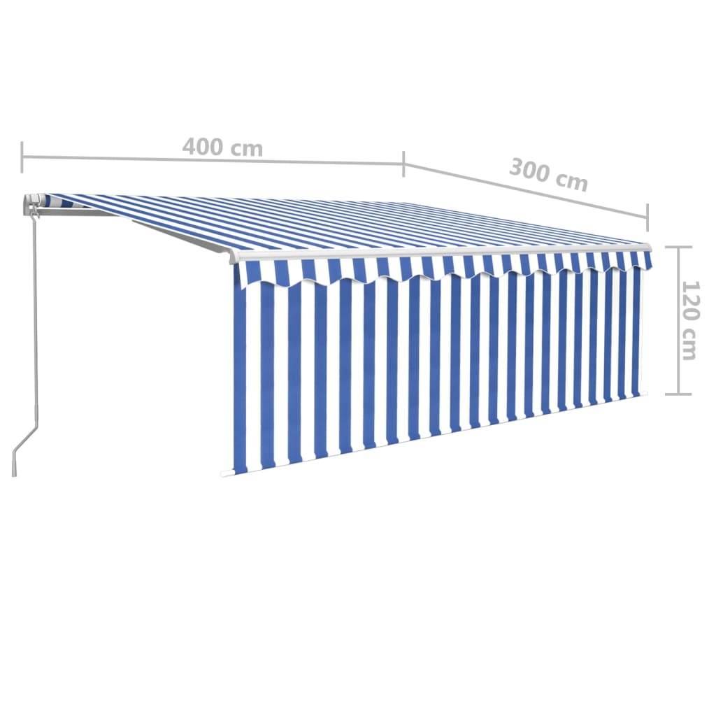 Auvent manuel rétractable avec store et LED 4x3 m Bleu et blanc