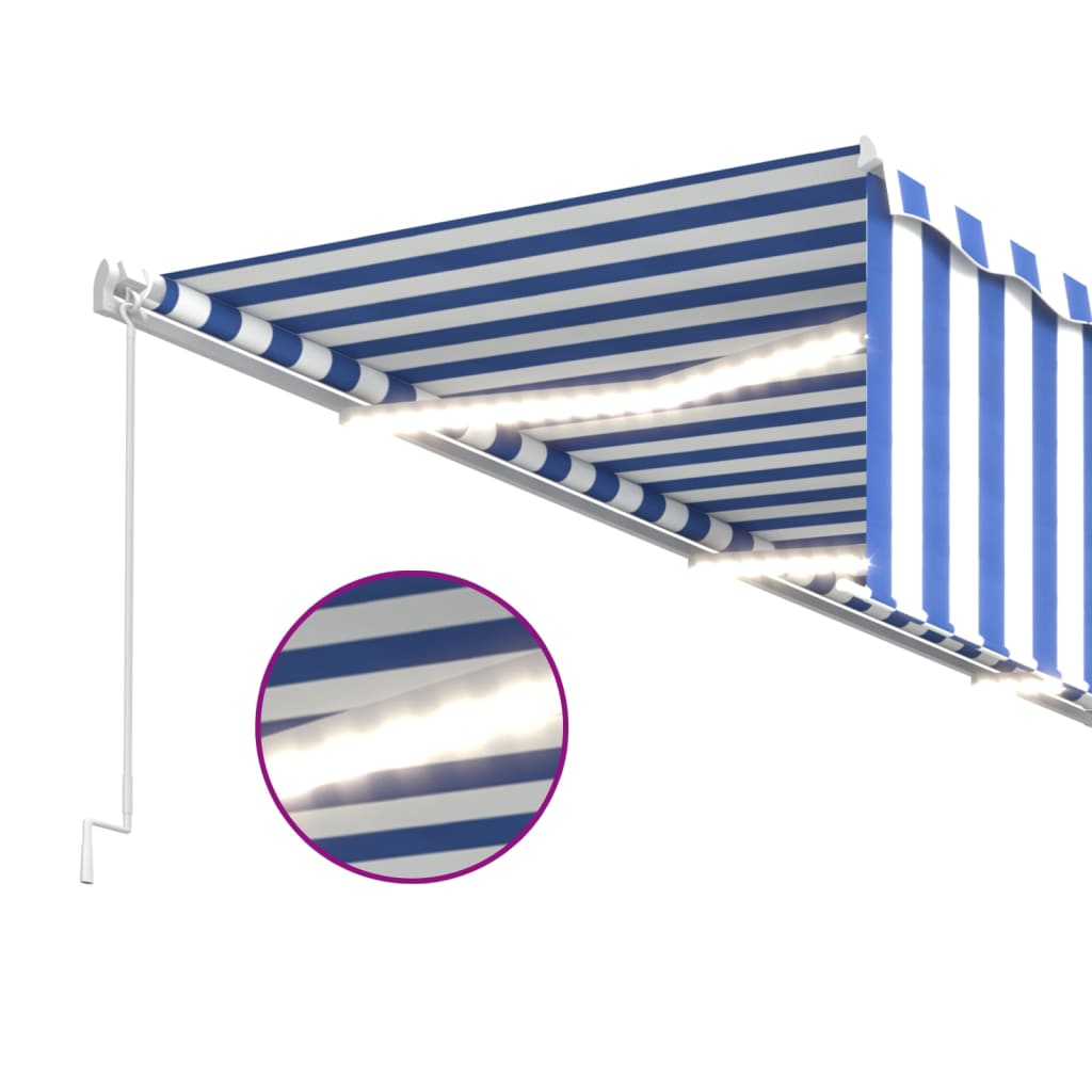 Manual retractable awning with blind and LED 6x3 m Blue and white