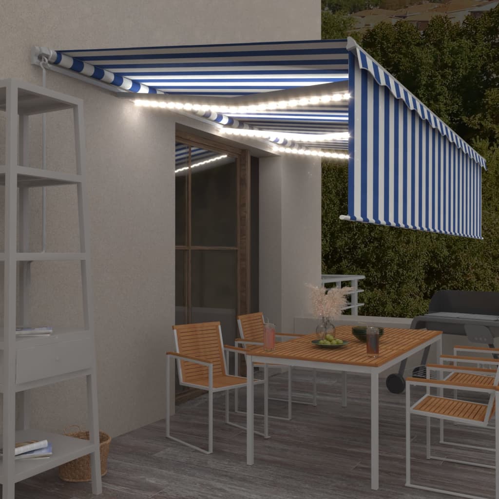 Manual retractable awning with blind and LED 6x3 m Blue and white