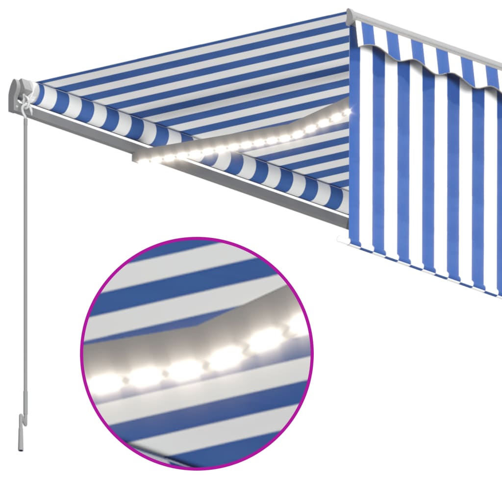 Manual retractable awning and blind and LED 3x2.5 m Blue and white