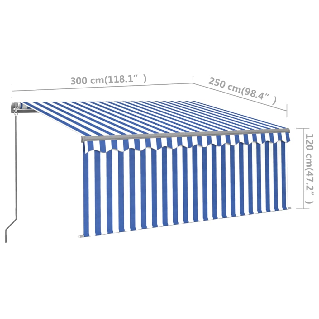 Manual retractable awning and blind and LED 3x2.5 m Blue and white