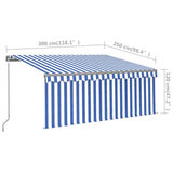 Manual retractable awning and blind and LED 3x2.5 m Blue and white