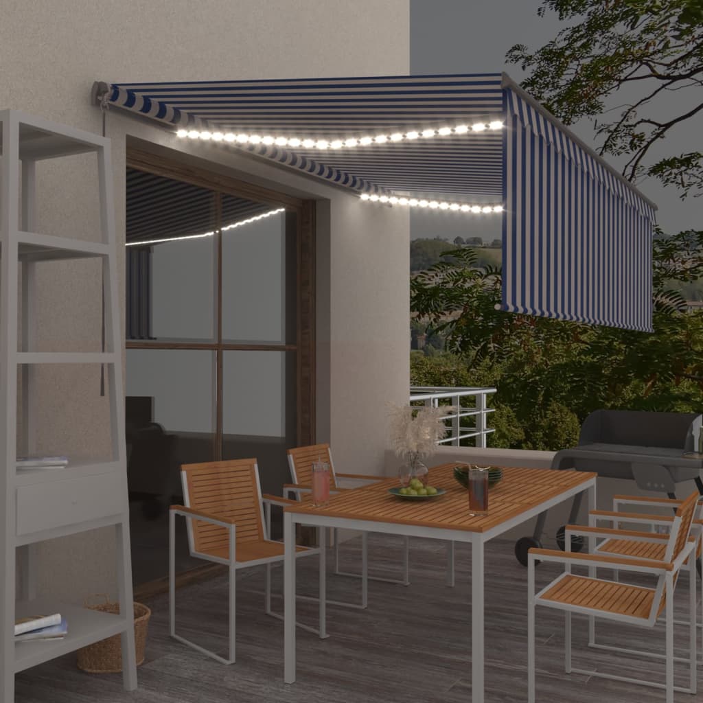 Manual retractable awning with blind and LED 4.5x3 m Blue white