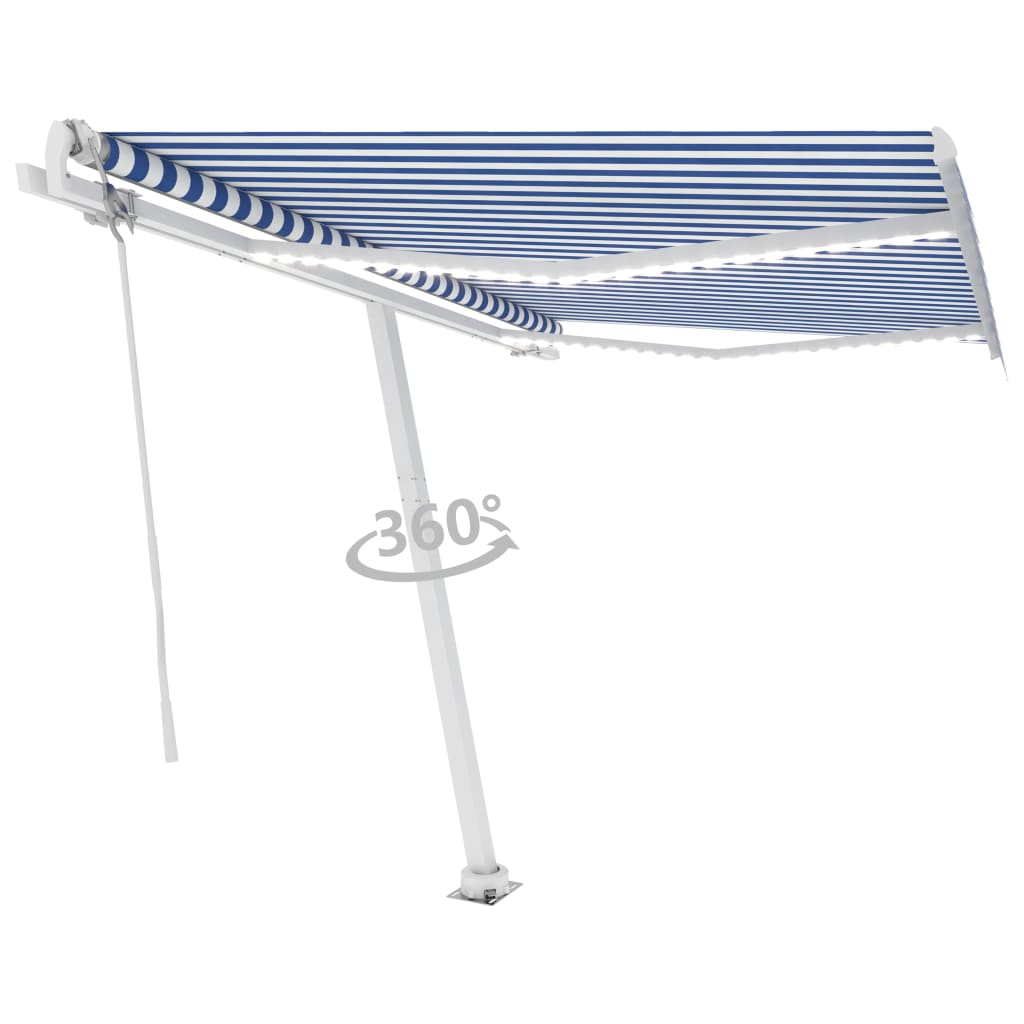 Auvent automatique capteur de vent/LED 300x250 cm Bleu et blanc